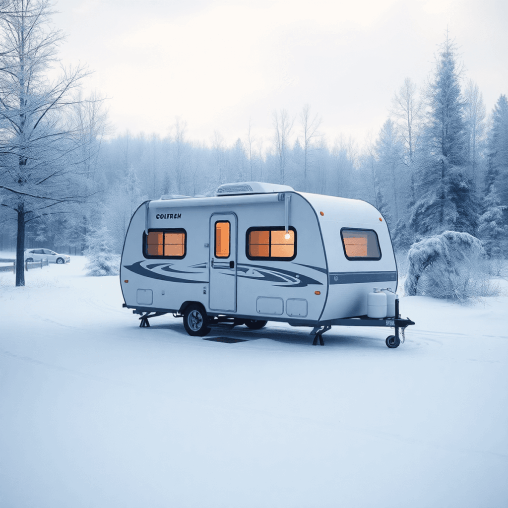 Travel trailer in winter landscape