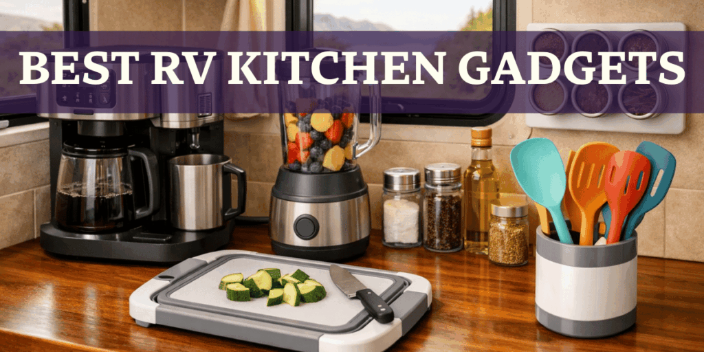 Kitchen appliances with cutting board and spices in an RV camping