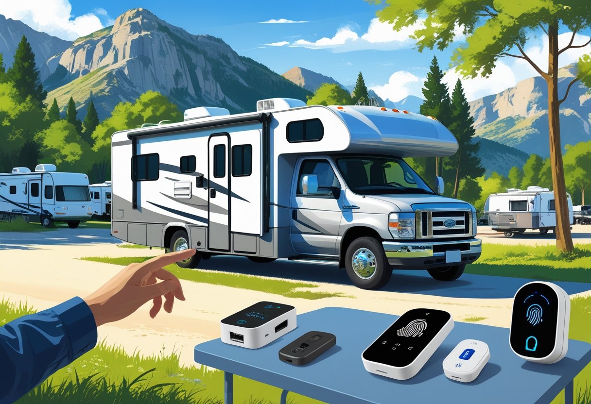 An RV parked at a campground with mountains and trees, showing a hand reaching to use a keyless electronic door lock on the RV's door.