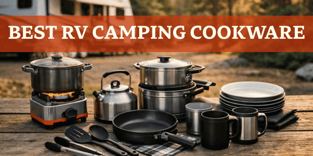 A camping cookware set arranged on a wooden table near an RV at a forest campsite.