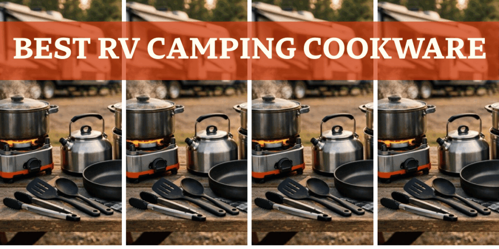 Best RV camping cookware set arranged on a wooden table near an RV at a forest campsite.