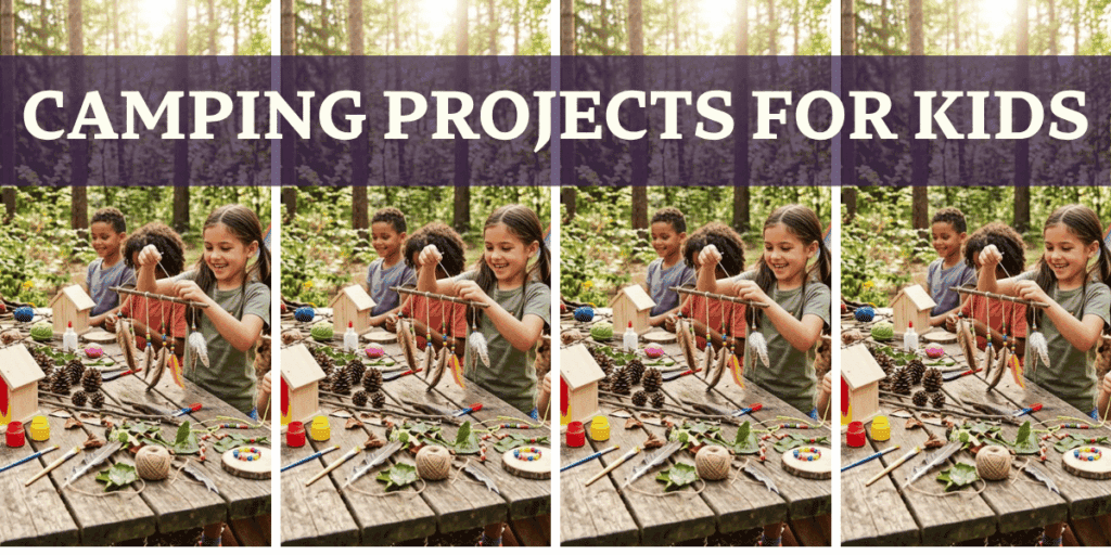 Camping projects for kids on a wooden picnic table with a bunch of kids around it in the forest