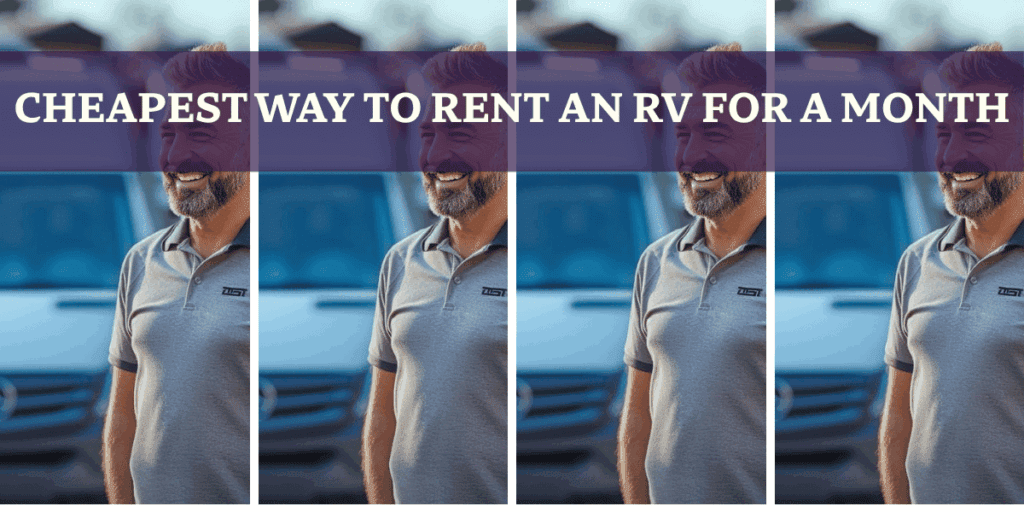 Man smiling with grey polo and Camper van in the background - Cheaper way to rent an rv for a month
