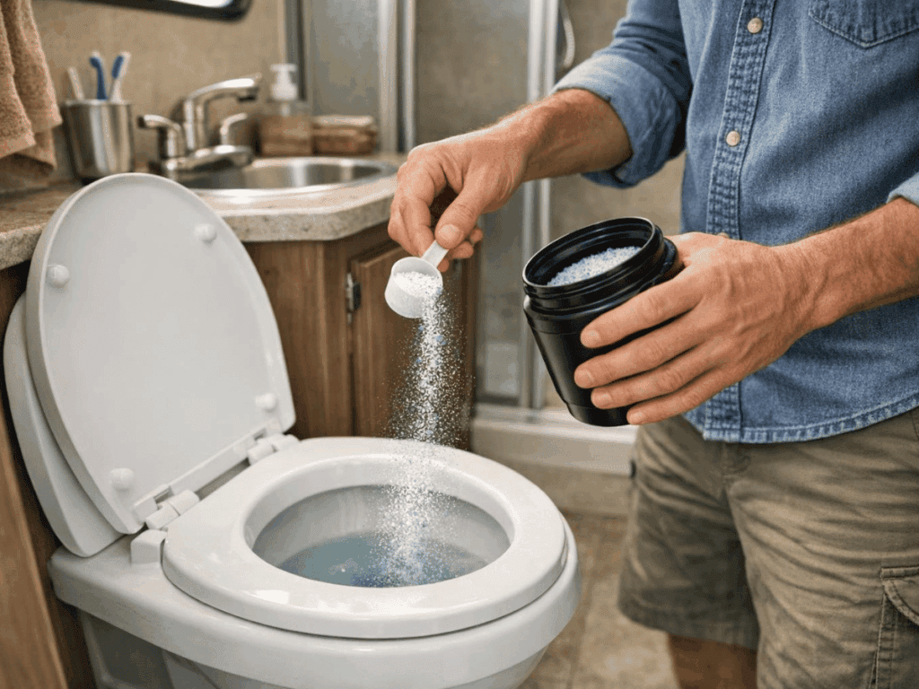 Man dumping powdered Happy Camper Tank Treatment into toilet
