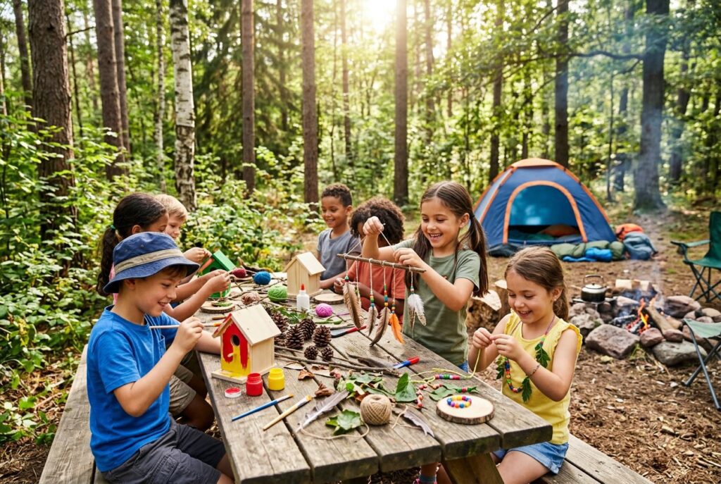 Children making crafts with natural materials at a picnic table in a forest campsite with a tent and campfire nearby.