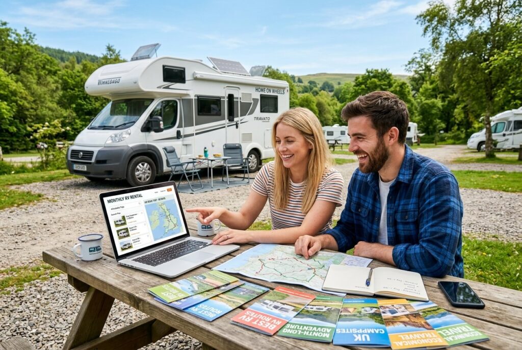 A young couple sitting at a table outdoors with a laptop and travel materials, next to a parked RV at a campsite.