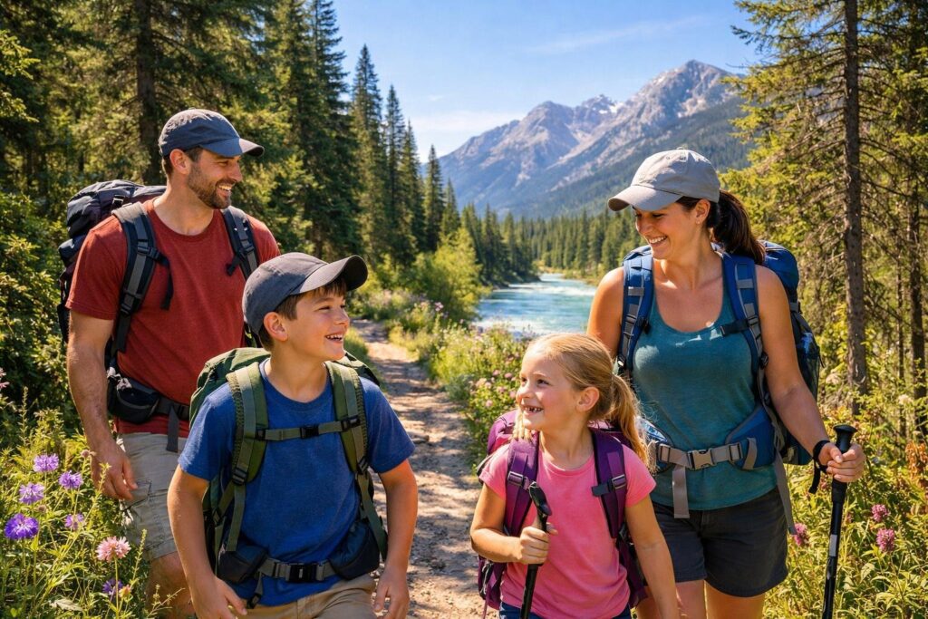 A family hiking together on a forest trail in Kootenay National Park with mountains and trees in the background.