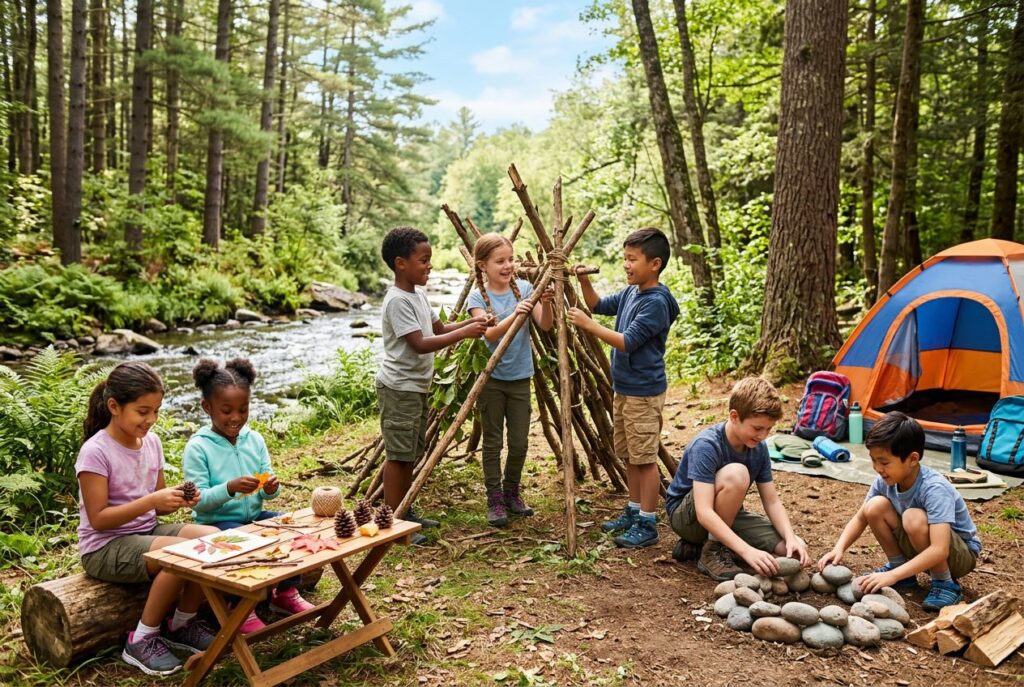 Children building a small wooden shelter and crafting nature art in a forest clearing during a camping activity.