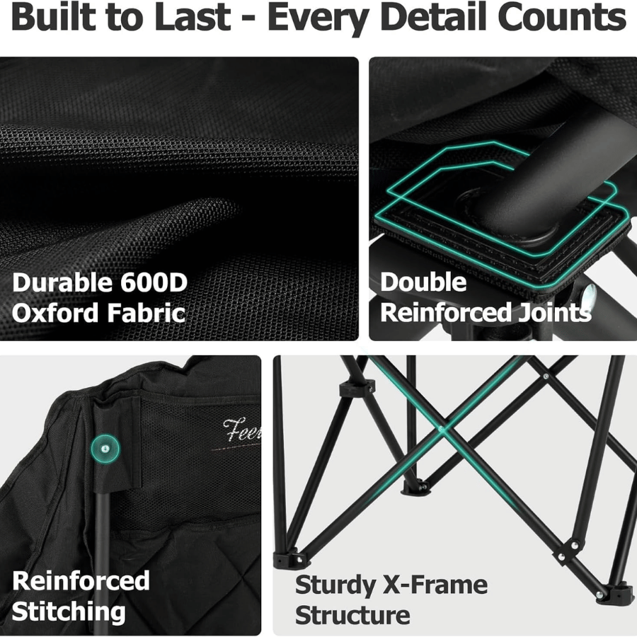 Highlighted details of build quality on the Overmont full padded camping chair
