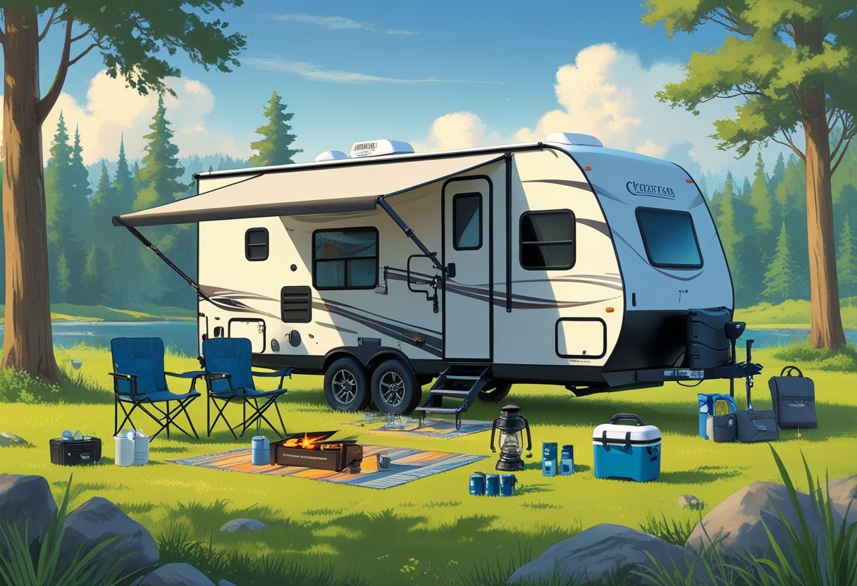 A travel trailer parked outdoors with camping gear and gift items arranged around it in a forest setting.