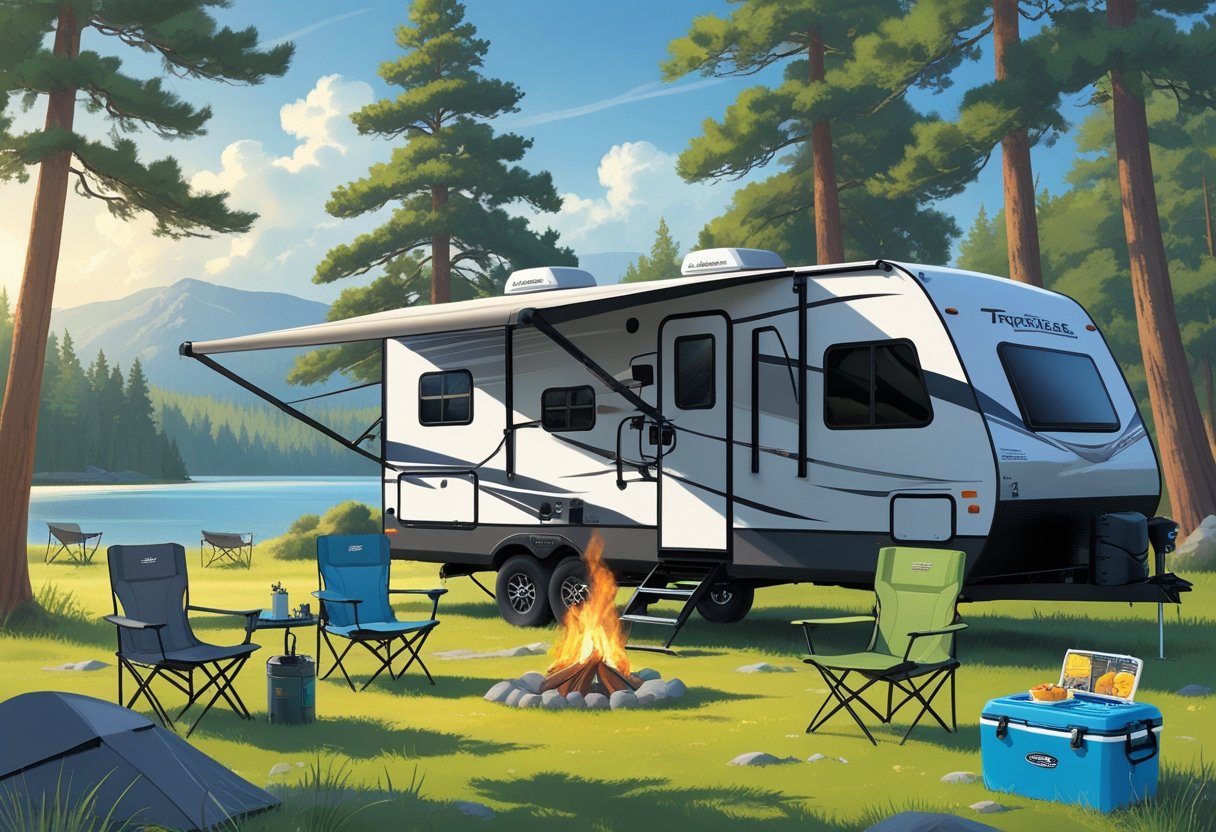 A travel trailer parked at a campsite with camping chairs around a campfire, surrounded by trees and a lake in the background, with various camping gear and gift items nearby.