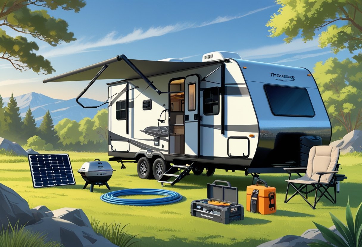 A travel trailer parked outdoors surrounded by practical gift items like a portable solar panel, outdoor grill, water hose, leveling blocks, multi-tool kit, and outdoor chair in a natural setting with trees and mountains.