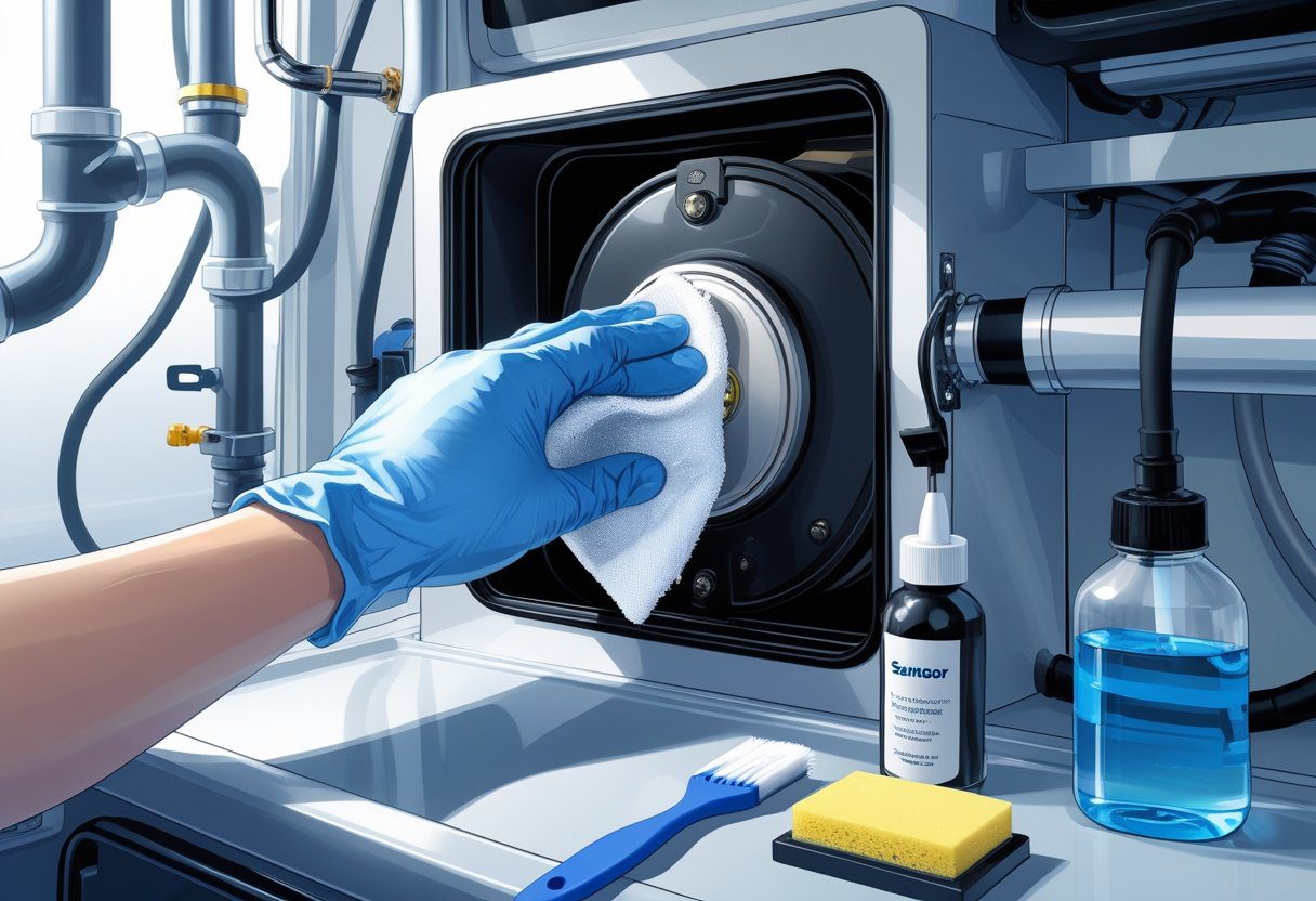 A close-up of a hand wearing a glove cleaning an RV black water tank sensor inside an access panel with cleaning supplies nearby.