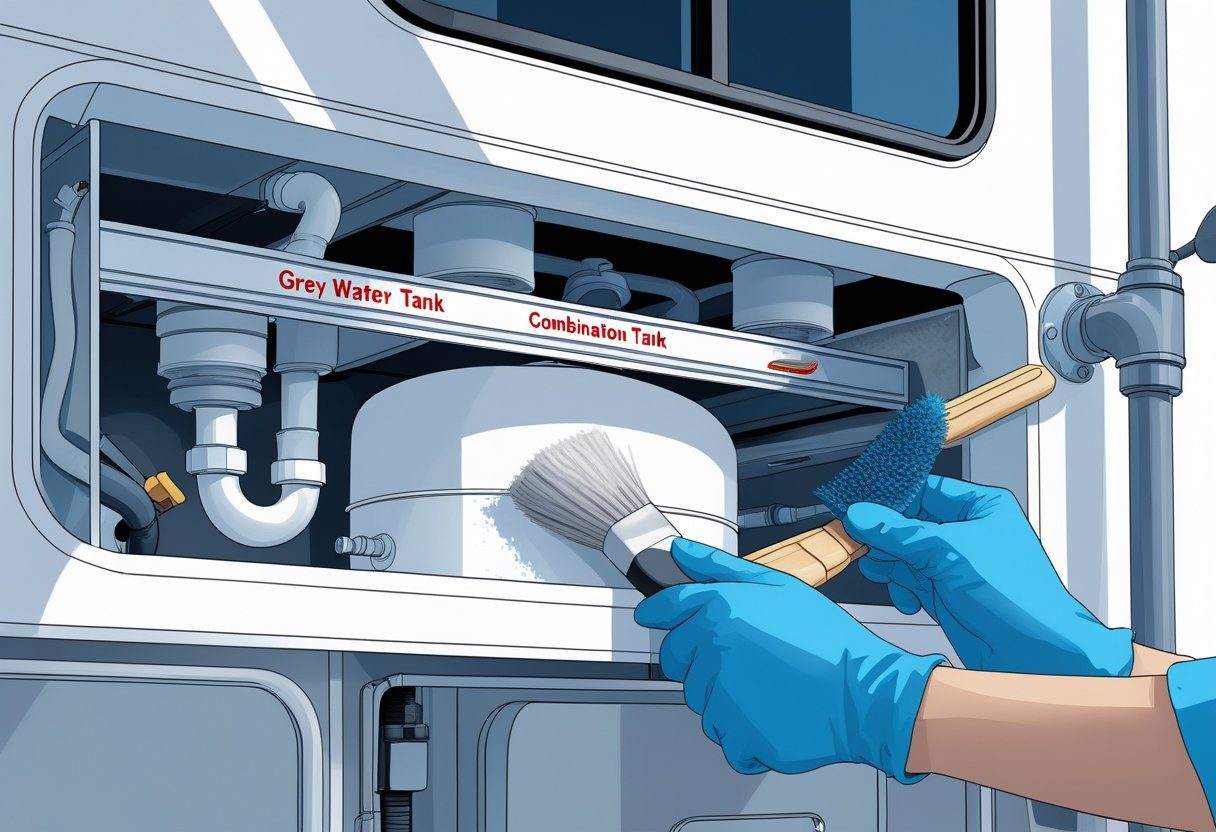 A technician cleaning grey water and combination tank sensors inside an RV, showing the sensor panel and tank area.