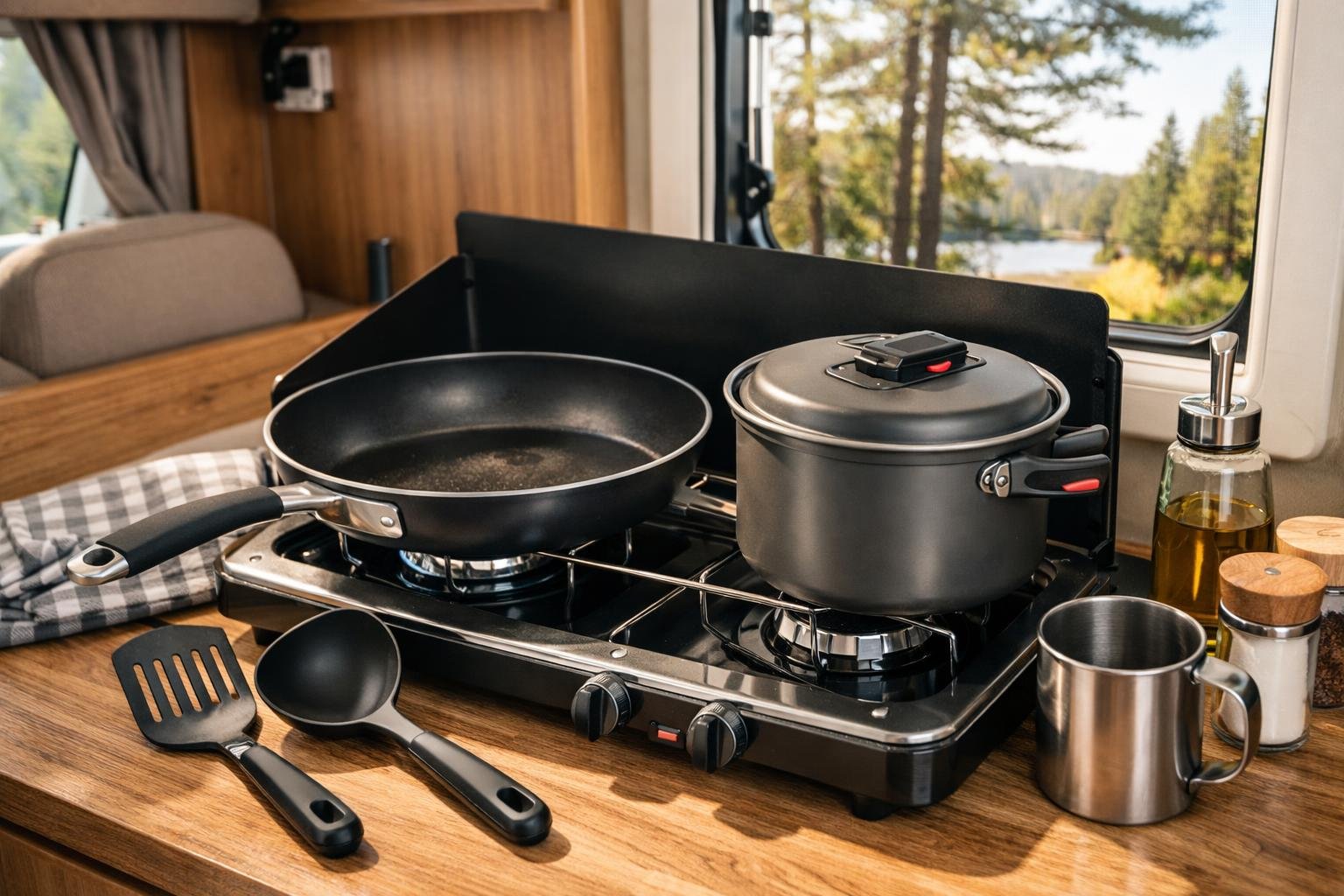 A compact camping stove with cookware inside an RV, with a forest visible through a window.