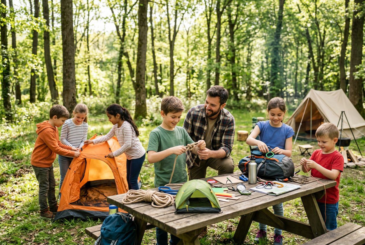 Children and an adult preparing camping gear and assembling tents in a forest clearing.