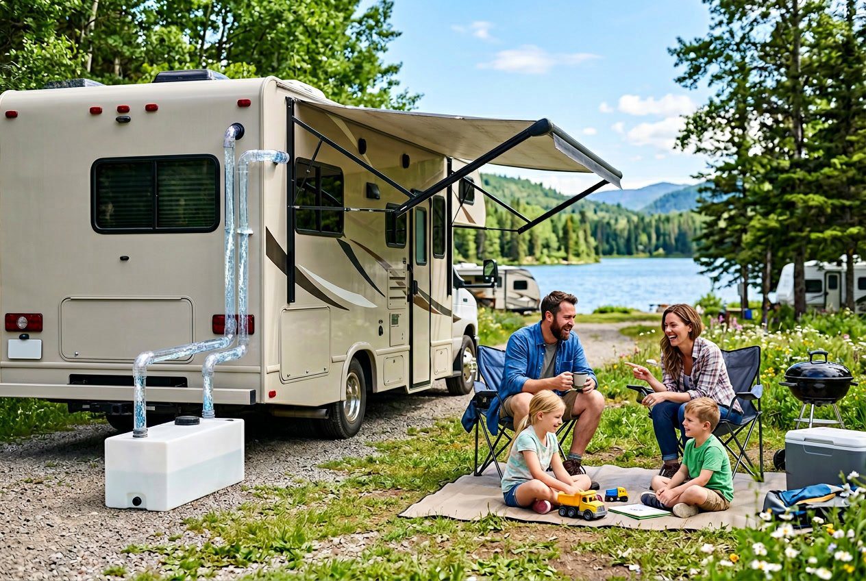 A family enjoying camping near their RV surrounded by trees and clear blue sky, with a clean water tank system shown in the foreground.