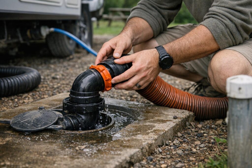 Man emptying septic tanks are a sanitation dump for rvs
