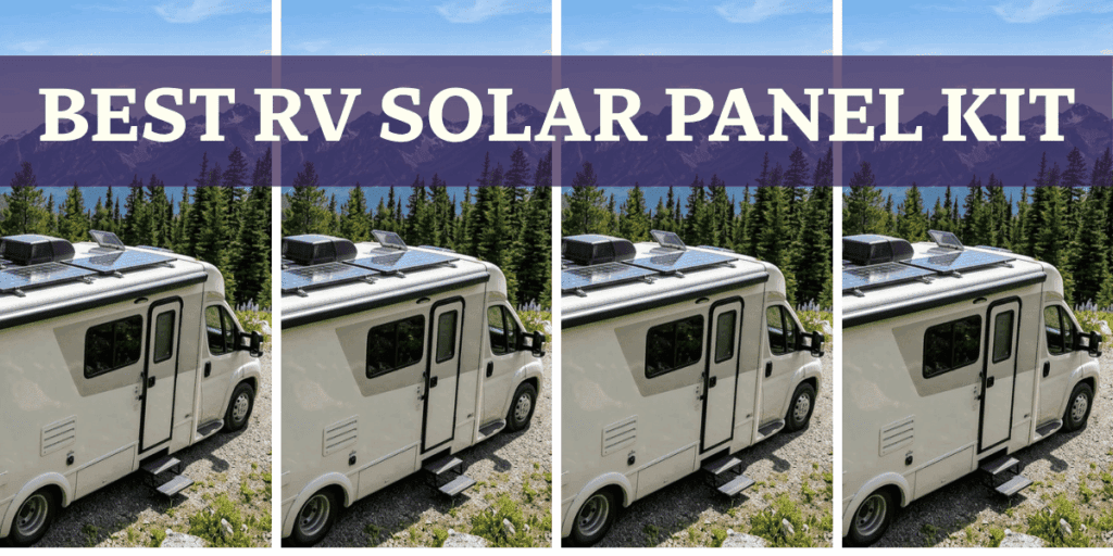 An RV parked outdoors with the best RV solar panel kit installed on its roof surrounded by trees and mountains.