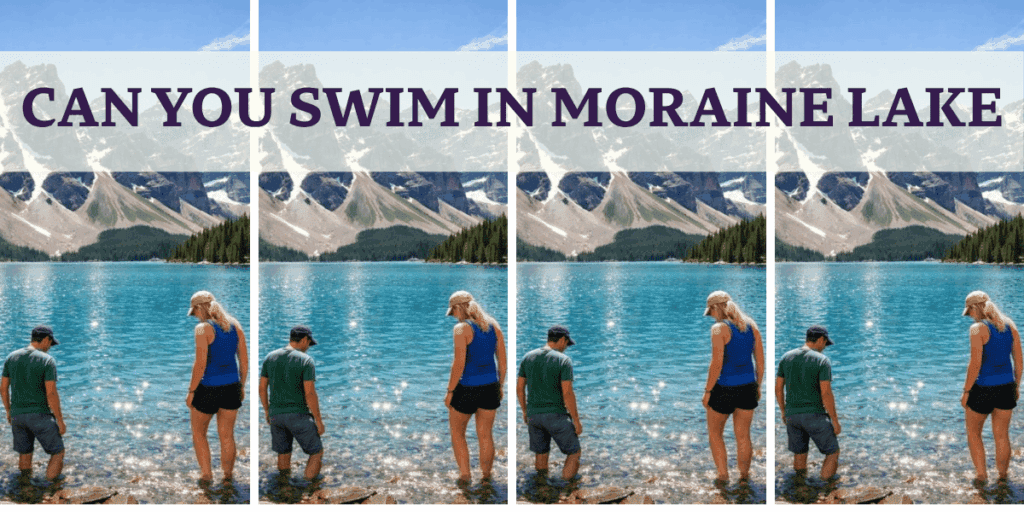 A clear turquoise lake surrounded by tall mountains and pine trees with people standing at the water's edge on a sunny day. Can you swim in Moraine Lake