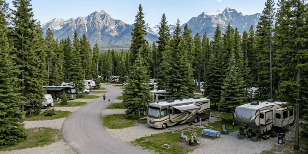 A peaceful RV campground surrounded by evergreen trees and mountains in Jasper National Park.