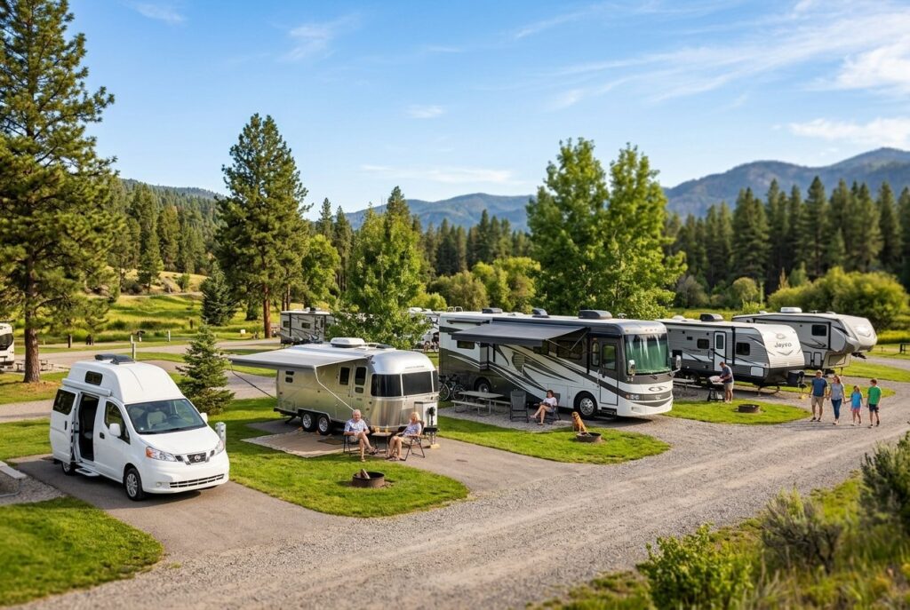 A variety of recreational vehicles parked in a campground with people enjoying the outdoor setting.