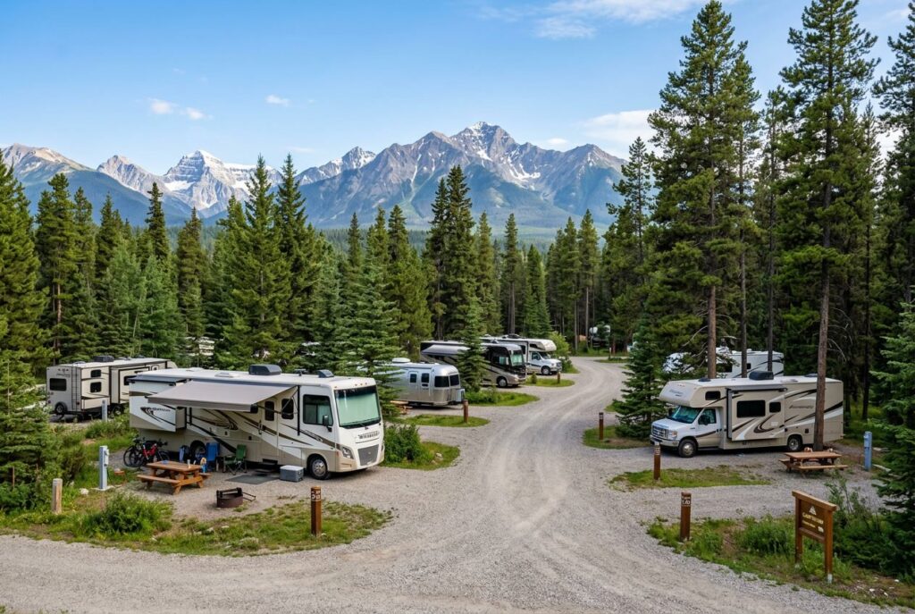 A campground in Jasper National Park with several RVs parked among pine trees and mountains in the background.