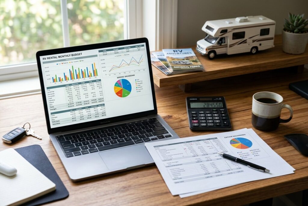 A workspace with a laptop showing charts, a calculator, printed spreadsheets, a coffee cup, and a small model RV on a wooden desk near a window.