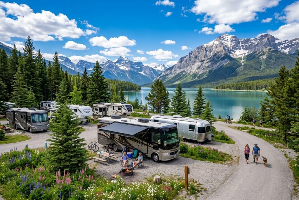 A scenic RV campground in Banff National Park with several parked RVs, pine trees, wildflowers, a calm lake, and snow-capped mountains in the background.