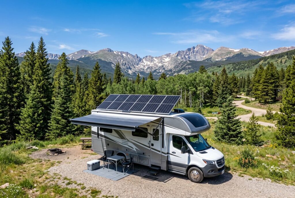 An RV parked outdoors with solar panels installed on its roof, surrounded by trees and mountains.