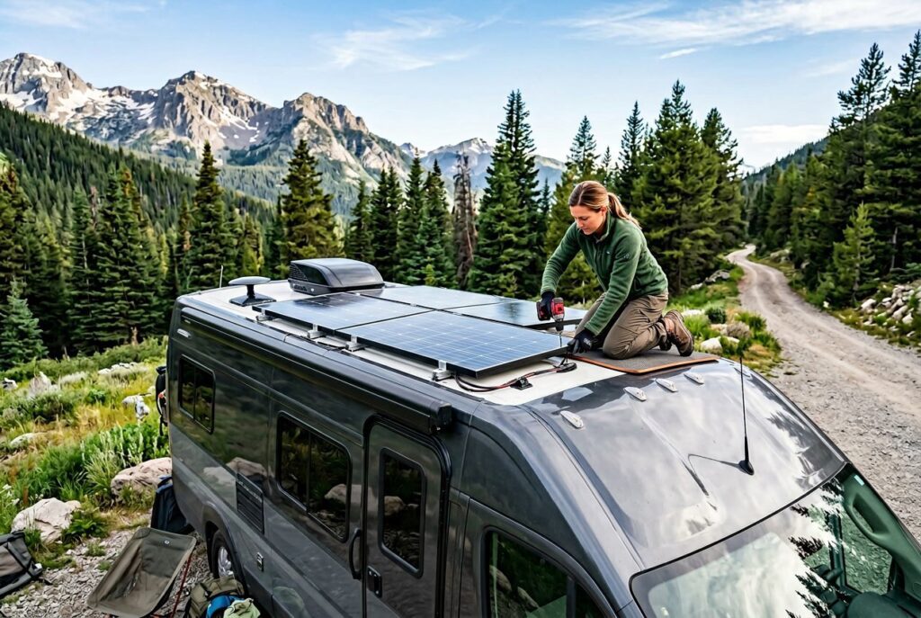 An RV parked outdoors with solar panels on its roof and a person inspecting the panels in a natural setting.