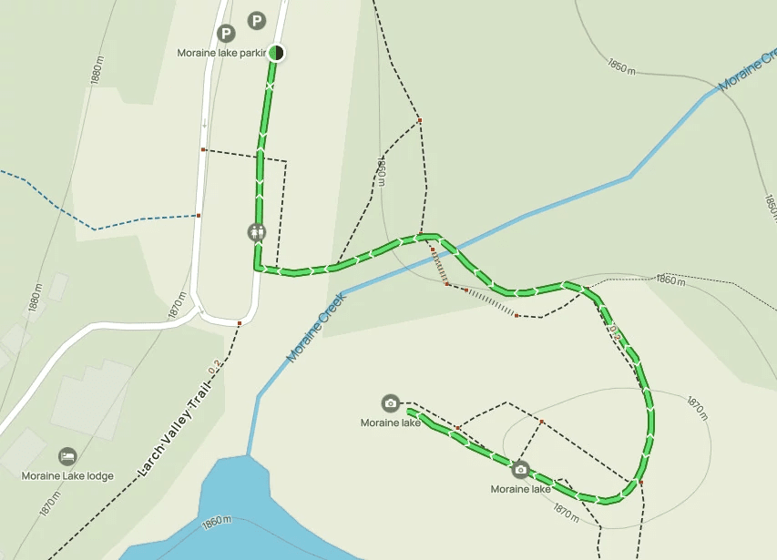 Map of rockpile trail connecting moraine lake parking to the actual lake.