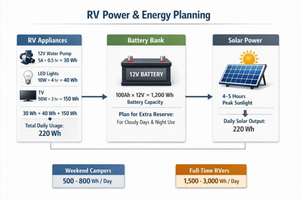 RV power and energy planning infographic showing daily appliance usage, 12V battery capacity, and solar panel output for weekend campers and full-time RVers.