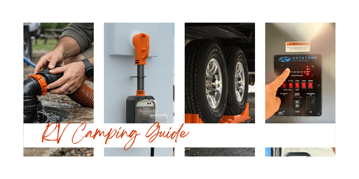 Collage of RV camping gear and setup essentials including sewer hose connection, electrical hookup tester, RV wheel chocks, and control panel with the text “RV Camping Guide.”