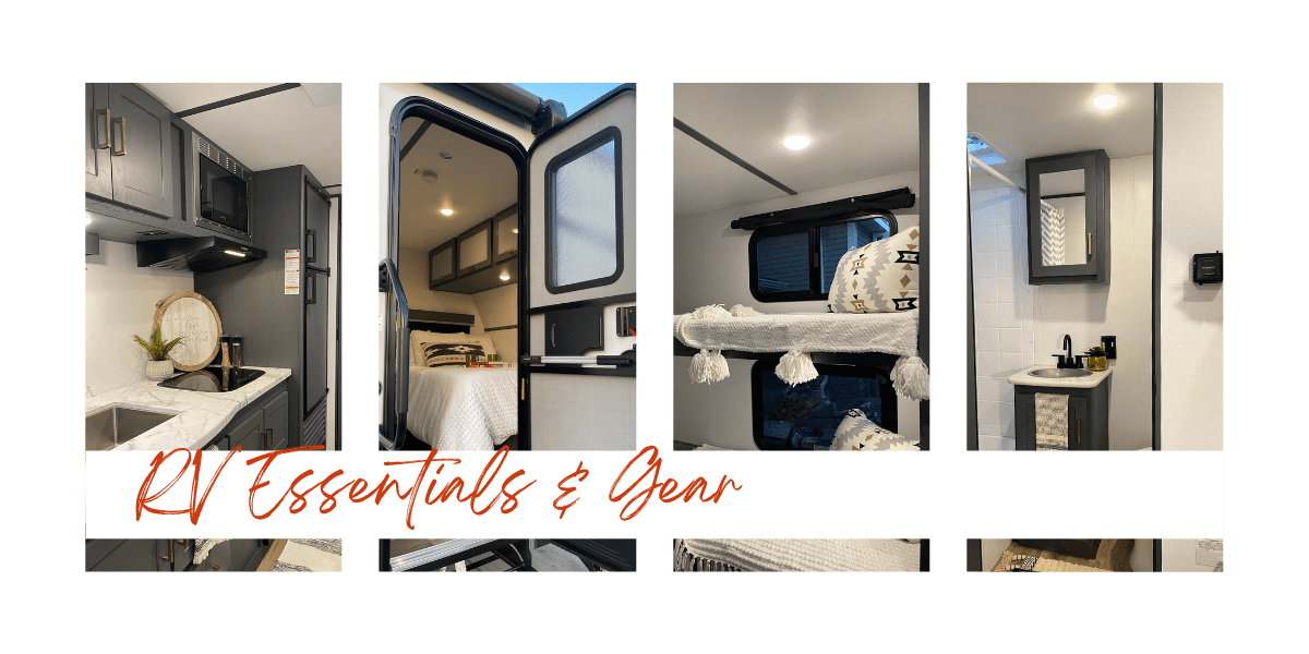 Collage of modern RV interior and exterior photos featuring a compact kitchen, RV entry door, bunk beds, and bathroom vanity with the text “RV Essentials & Gear” across the bottom.