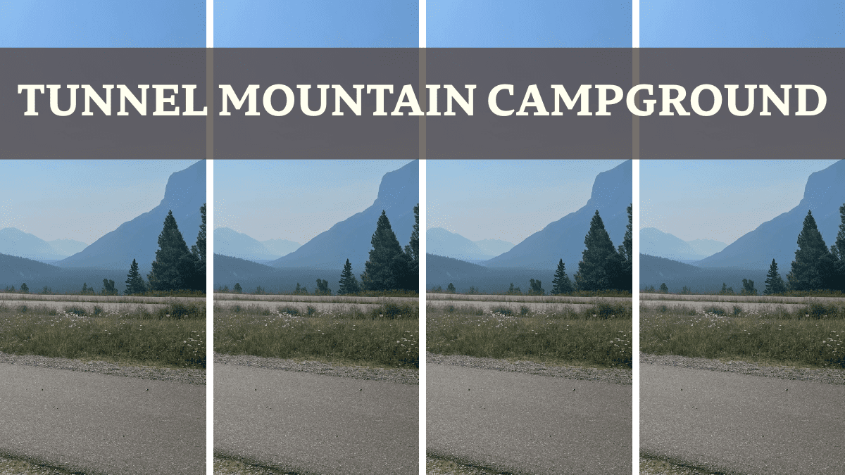 Tunnel Mountain Campground in Banff National Park with mountain views, open grassland, and campground road under a clear blue sky