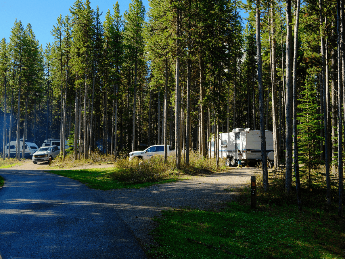 Loop B campsite at Boulton Creek with RV trailer and truck surrounded by tall pine trees in Kananaskis, Alberta