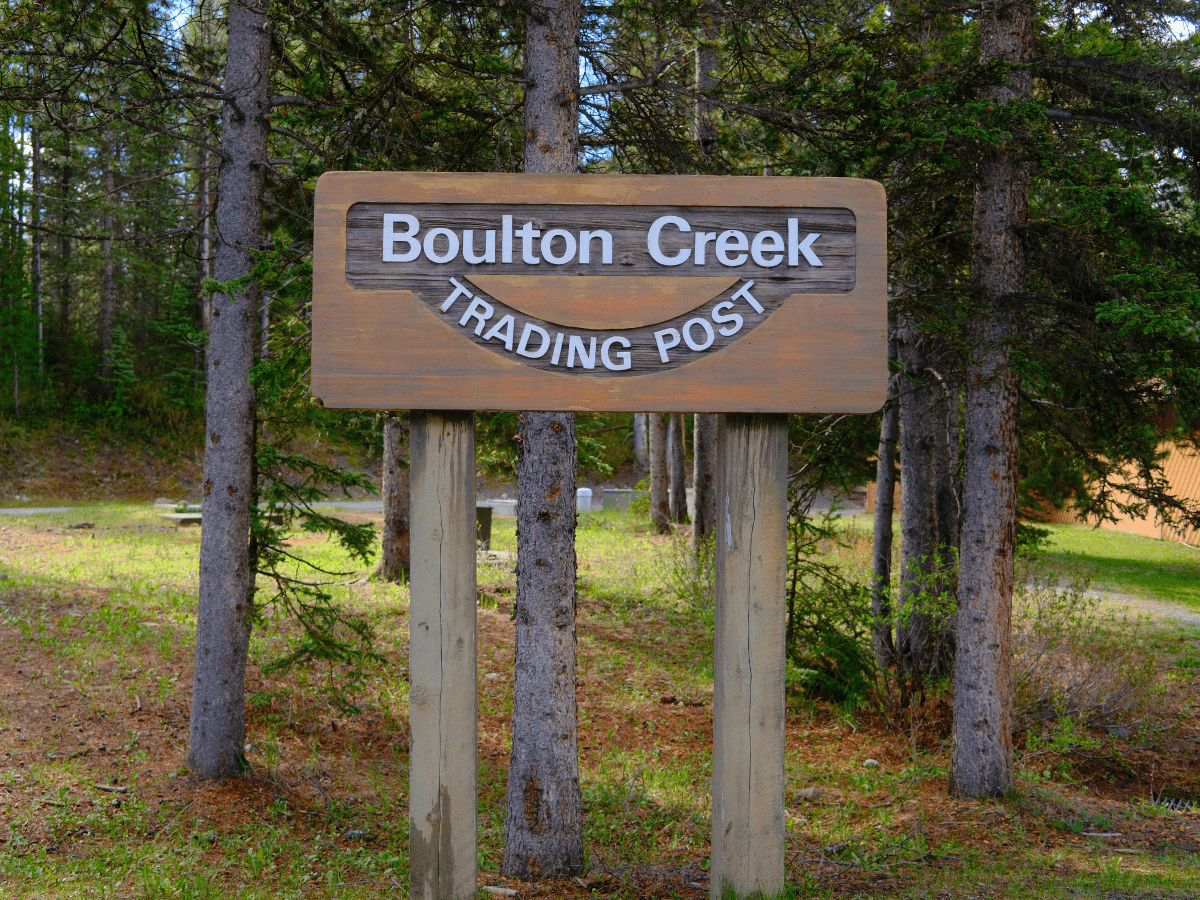 Boulton Creek Trading Post sign in Peter Lougheed Provincial Park, Kananaskis, Alberta.