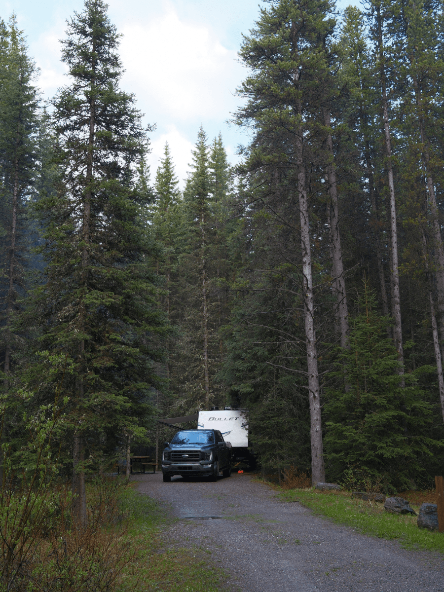 Travel trailer and pickup truck on a wooded Loop A campsite at Boulton Creek in Kananaskis, Alberta
