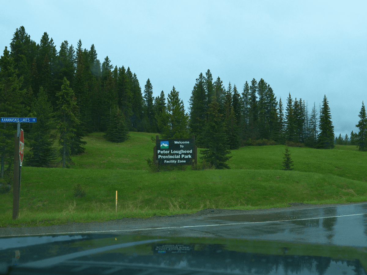 Peter Lougheed Provincial Park welcome sign near Elkwood and Lower Kananaskis Lake in Alberta's Kananaskis Country.