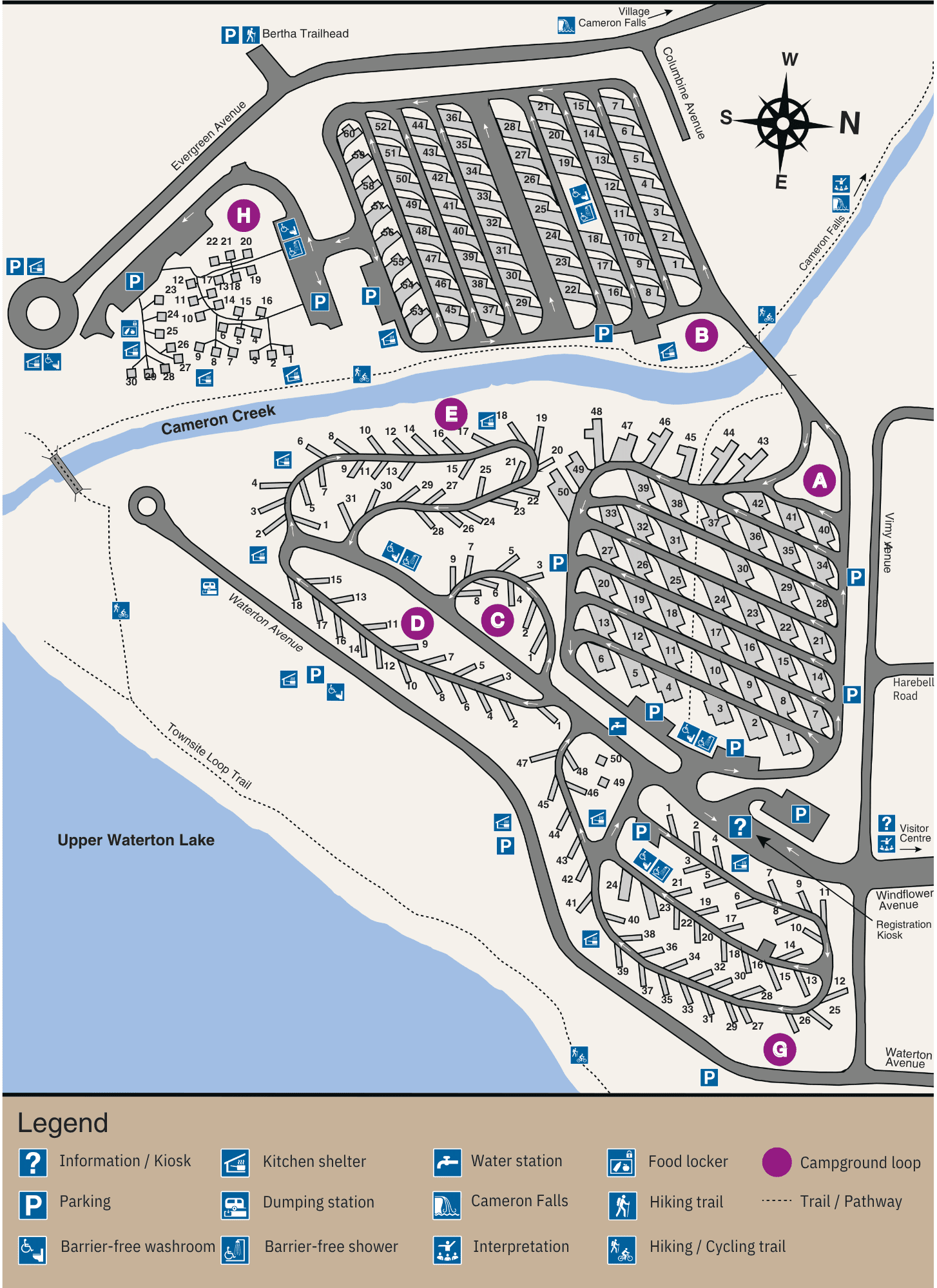 Map of Waterton Townsite in Waterton Lakes National Park showing campsite loops, RV sites, amenities, Cameron Creek, and access to Upper Waterton Lake.